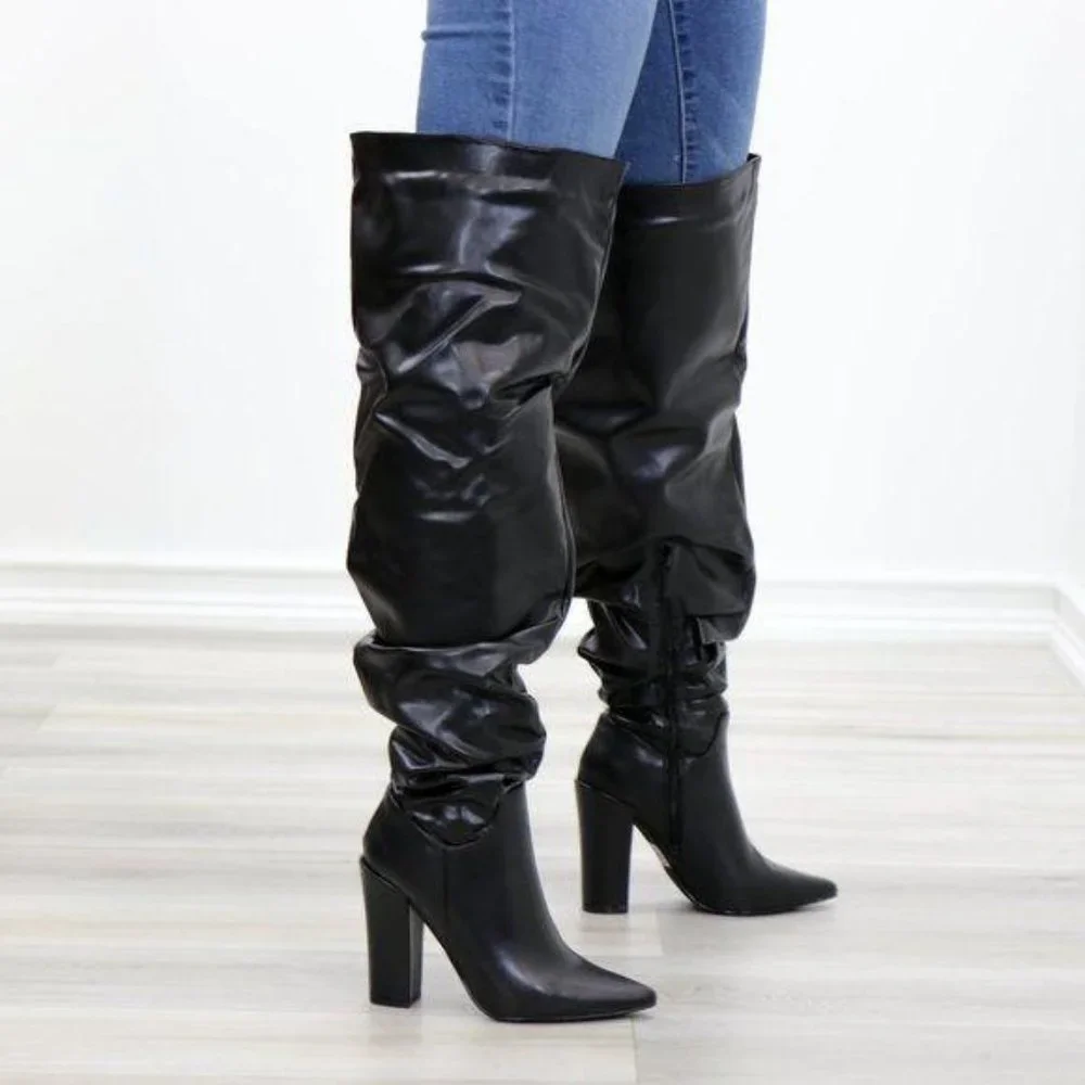 Black Synthetic Leather Thigh High Trendy Boots - Picture 4 of 15